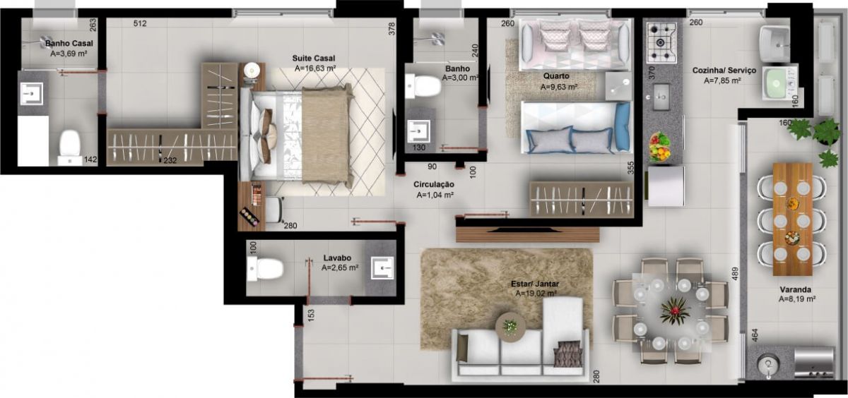 Planta de 2 suítes, 84 m²