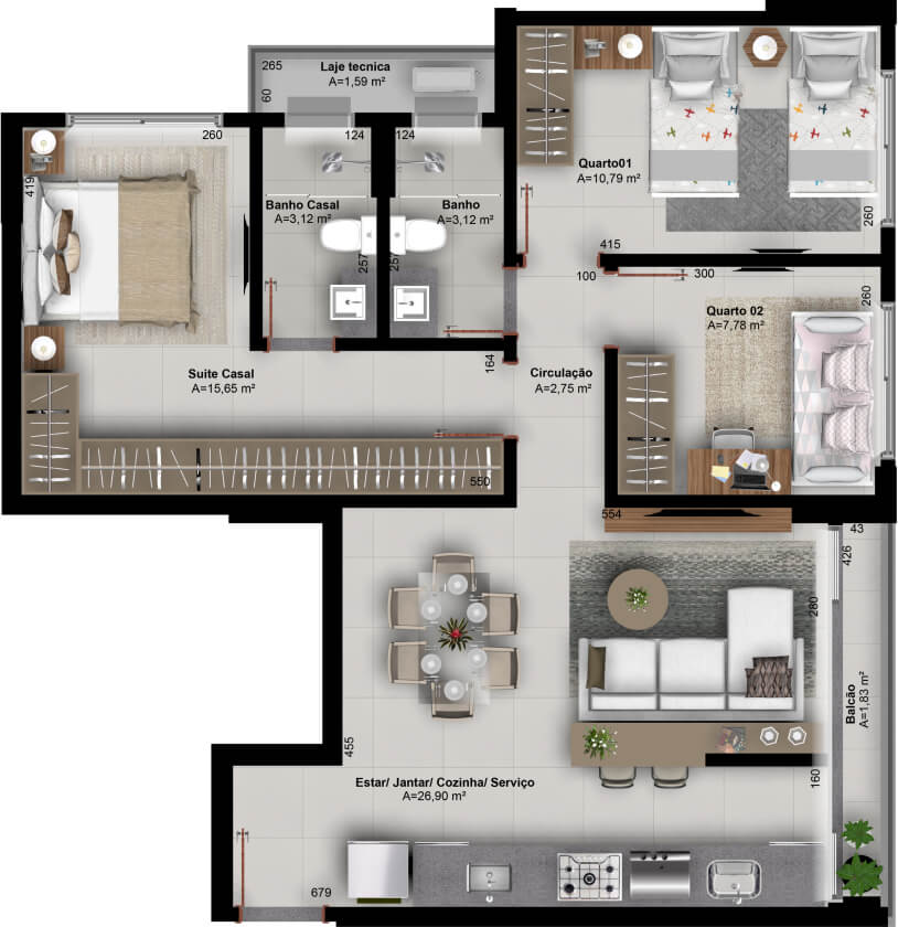 Planta de 3 quartos, 85 m²