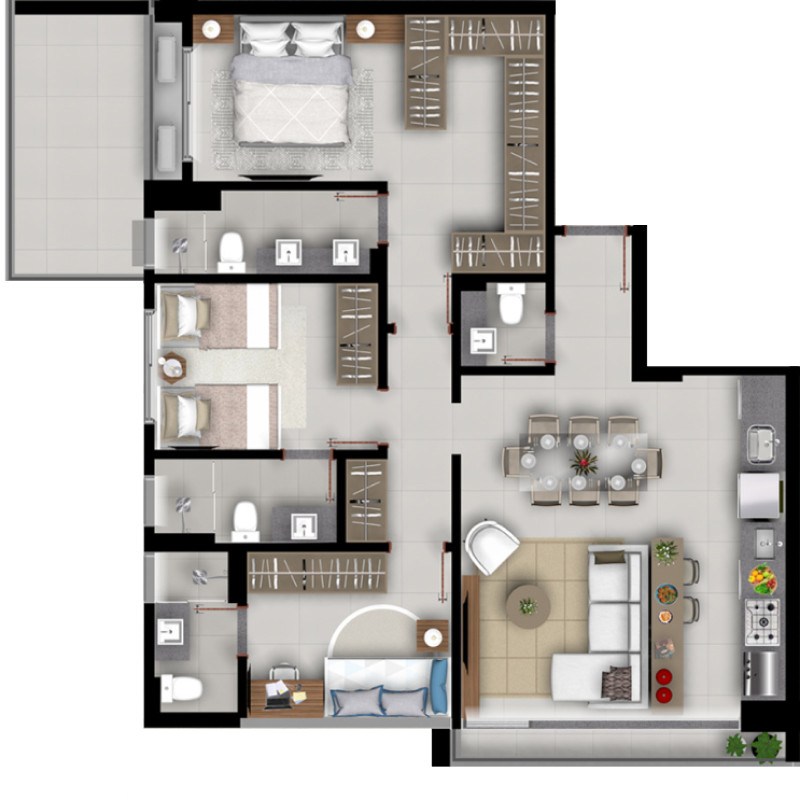 Planta de 3 suítes, 109 m²