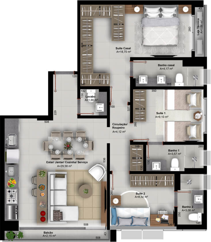 Planta de 3 suítes, 100 m²