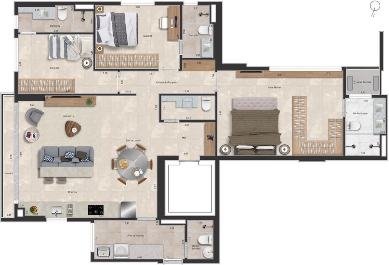 Planta de 3 suítes, 135 m²
