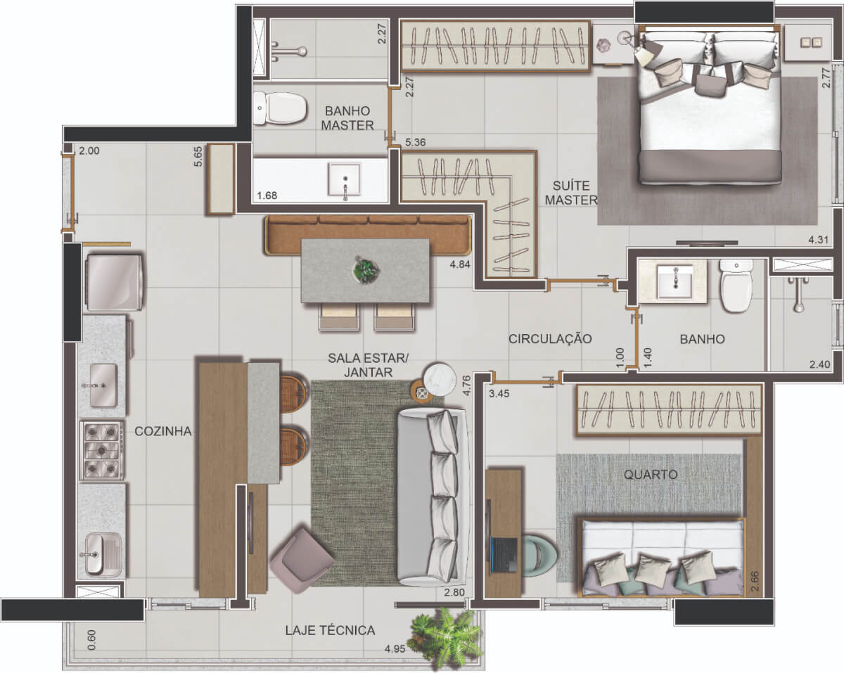 Planta de 2 quartos, 69 m²
