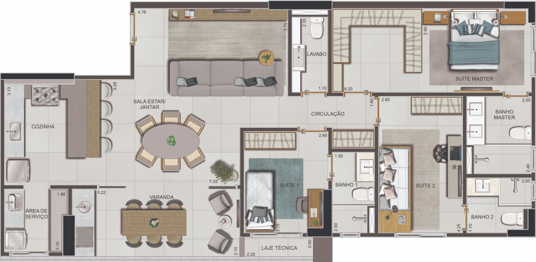 Planta de 3 suítes, 120 m²