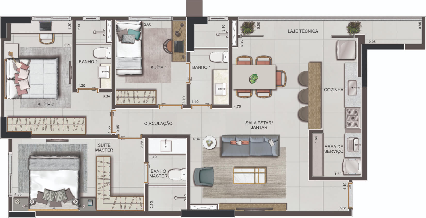 Planta de 3 suítes, 98 m²