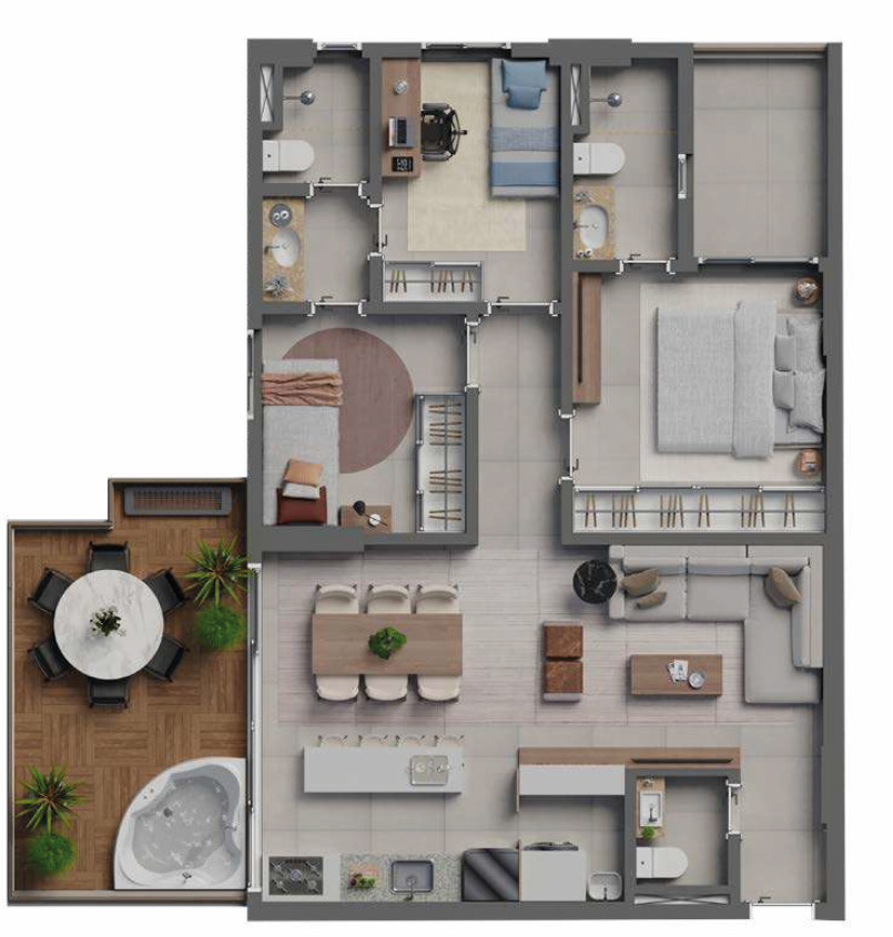 Planta de 3 suítes, 108 m²