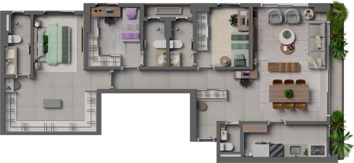 Planta de 3 suítes, 117 m²