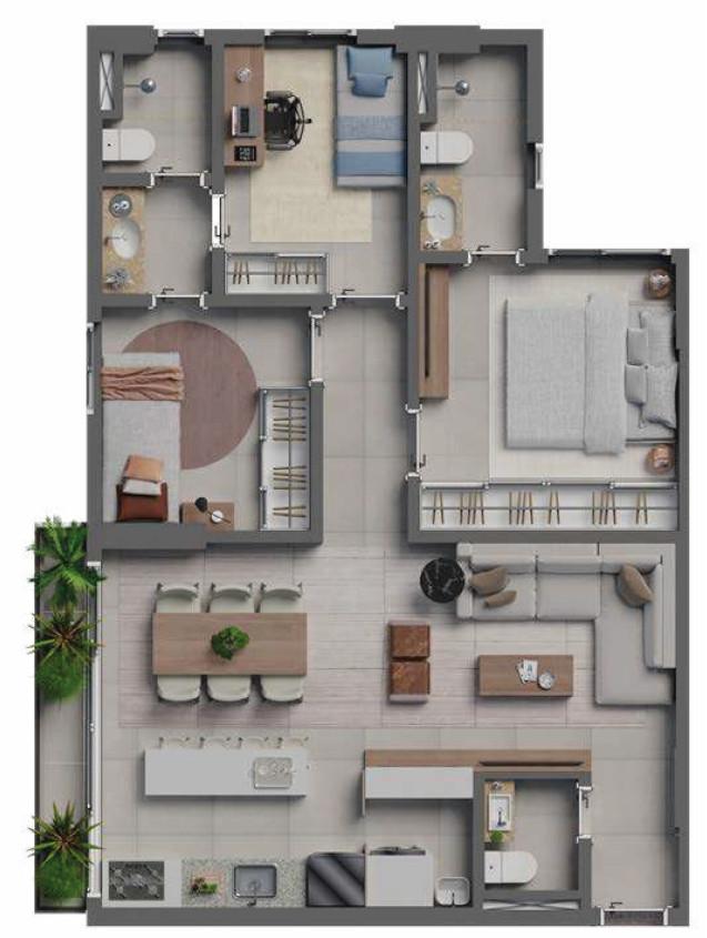 Planta de 3 suítes, 88 m²
