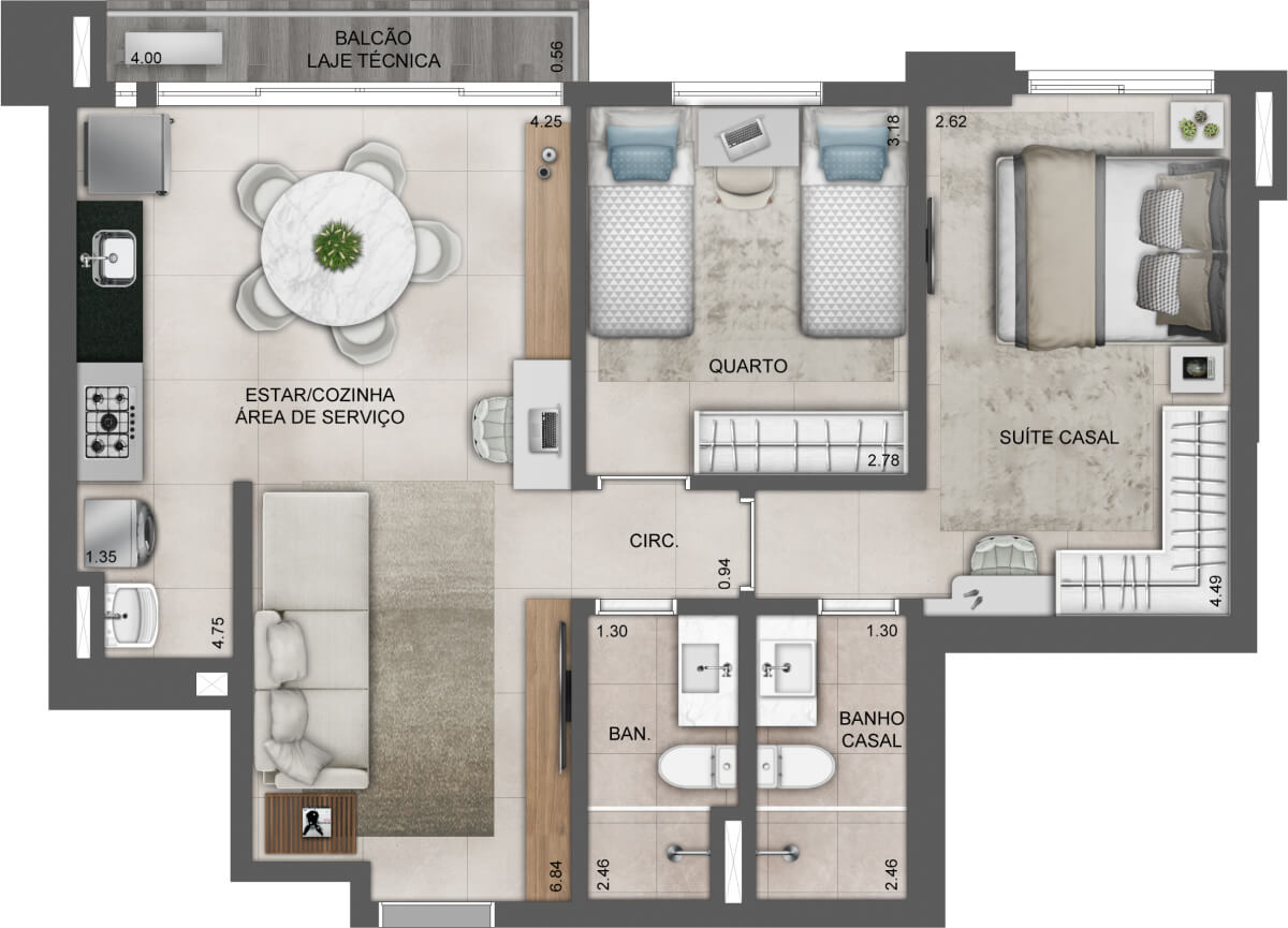 Planta de 2 quartos, 69 m²
