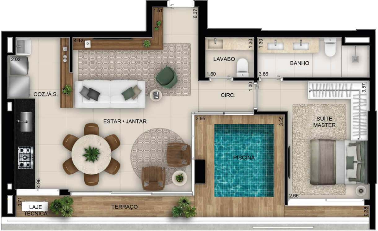 Planta de 1 quarto, 78 m²