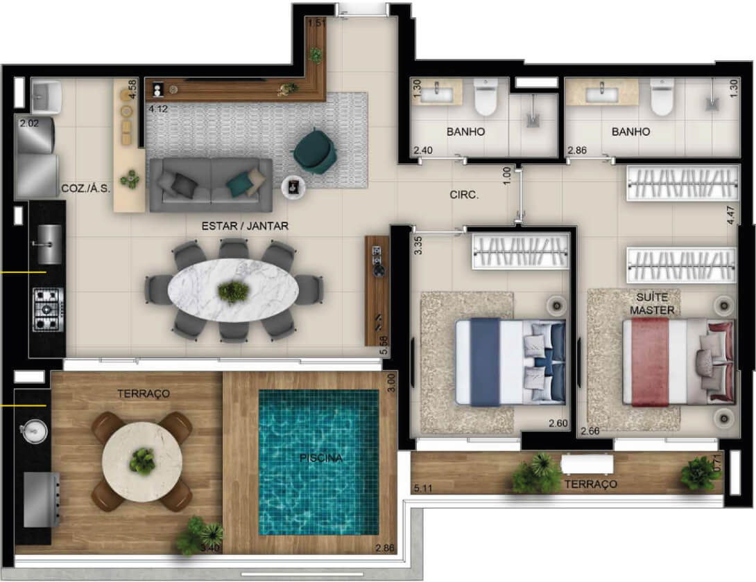 Planta de 2 quartos, 96 m²