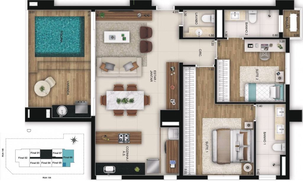 Planta de 2 suítes, 96 m²