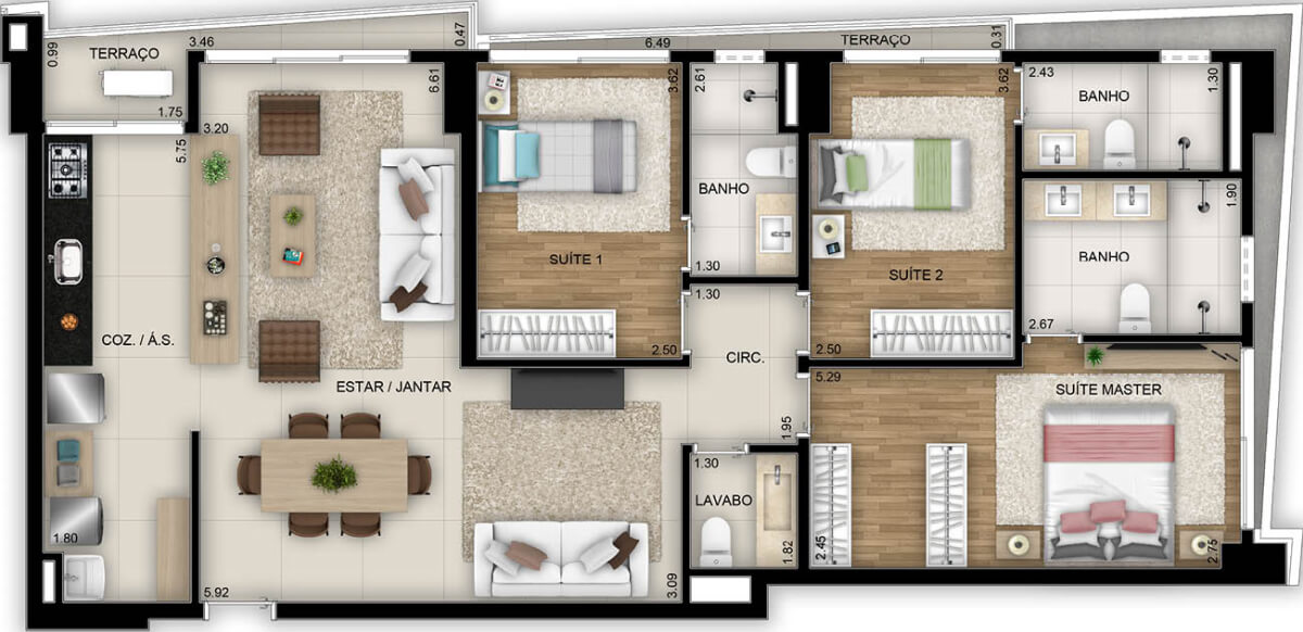 Planta de 3 suítes, 106 m²