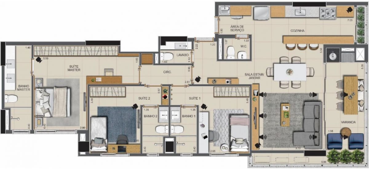 Planta de 3 suítes, 128 m²