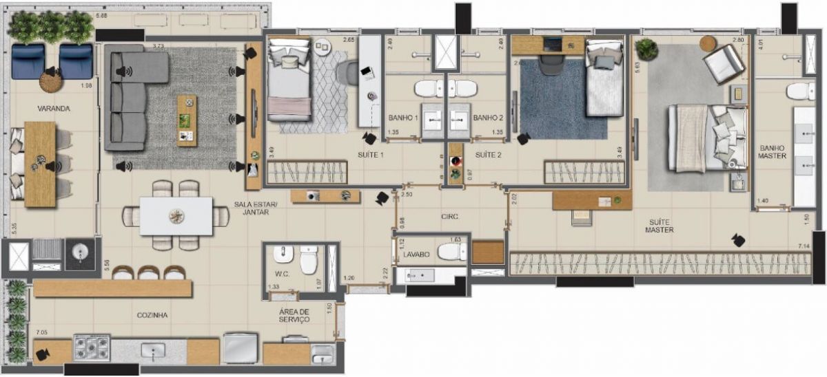 Planta de 3 suítes, 134 m²