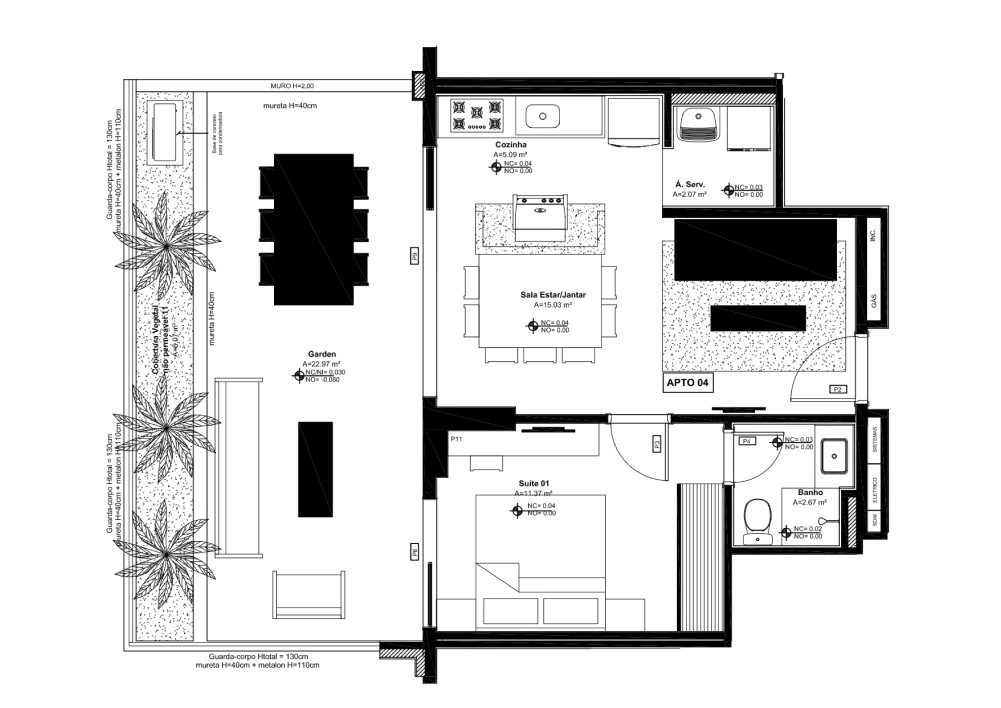 Planta de 1 quarto, 76 m²