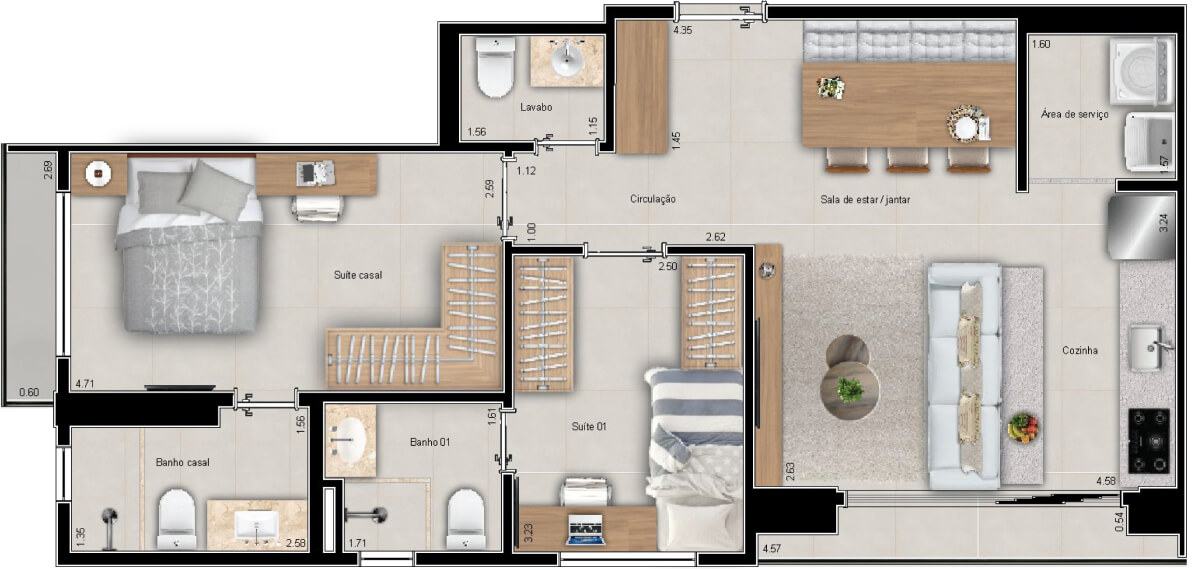 Planta de 2 suítes, 71 m²