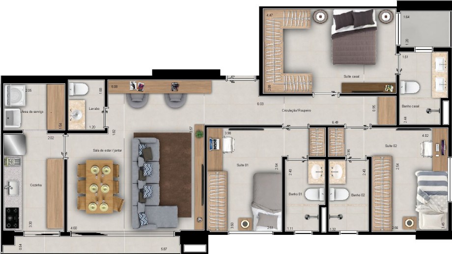 Planta de 3 suítes, 104 m²