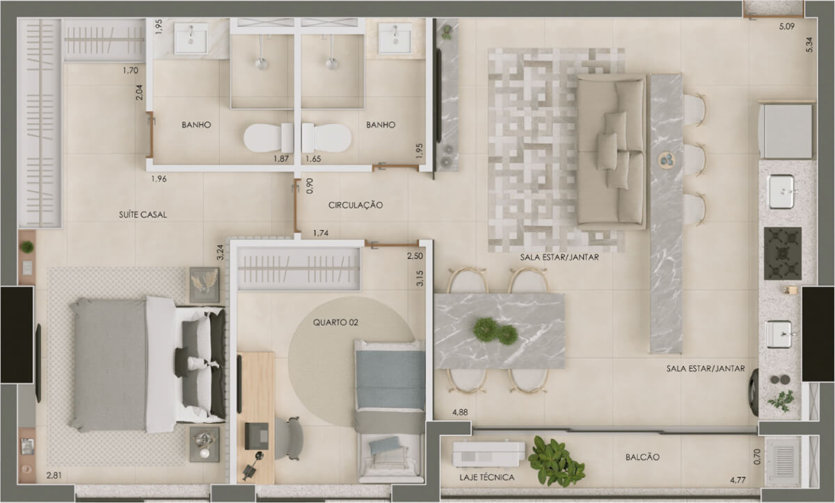 Planta de 2 quartos, 72 m²