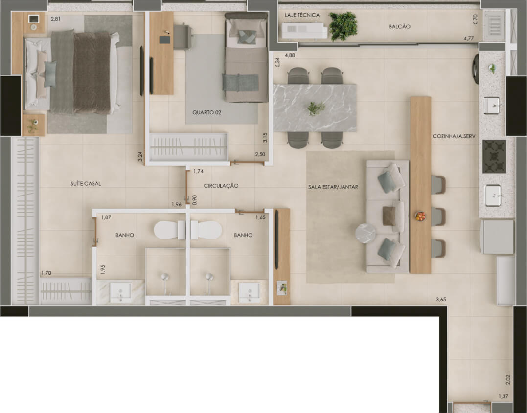Planta de 2 quartos, 75 m²