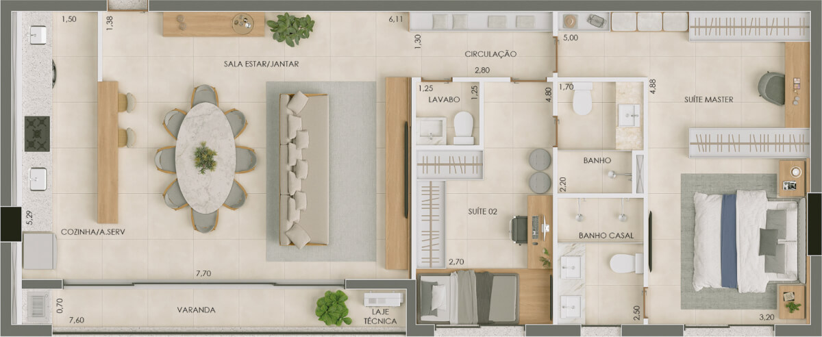 Planta de 2 suítes, 105 m²