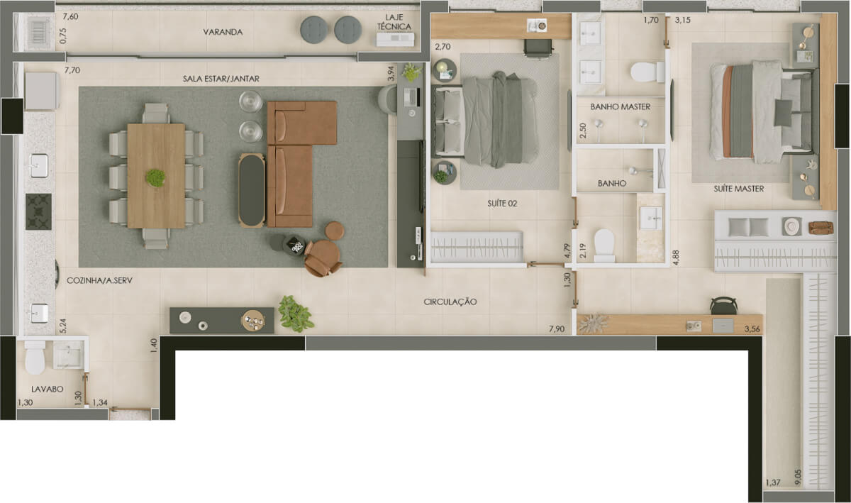 Planta de 2 suítes, 115 m²