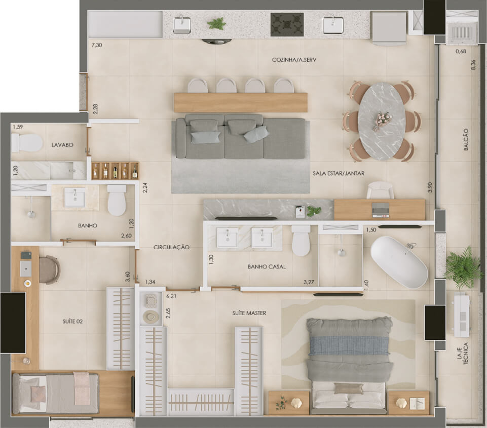 Planta de 2 suítes, 87 m²