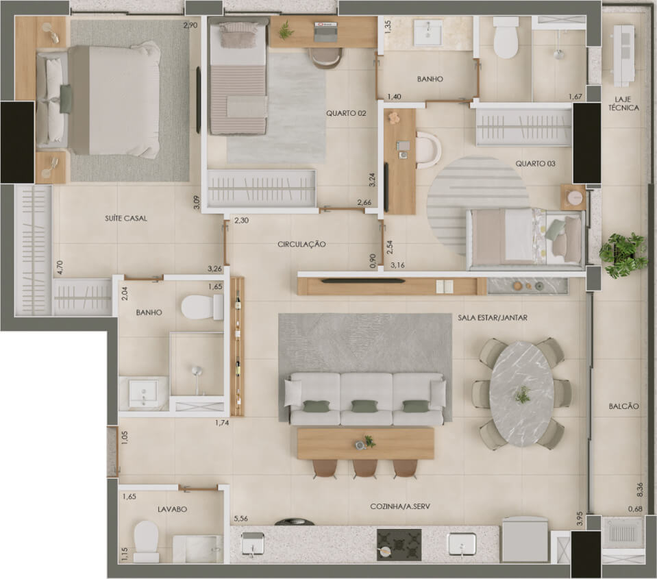 Planta de 3 suítes, 84 m²