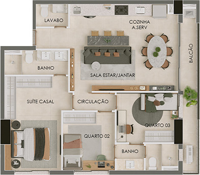 Planta de 3 suítes, 86 m²