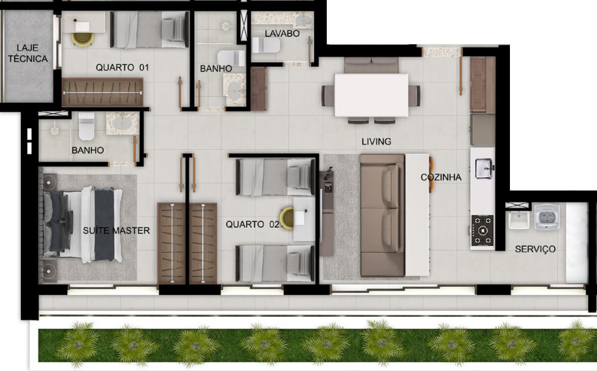 Planta de 2 suítes, 105 m²