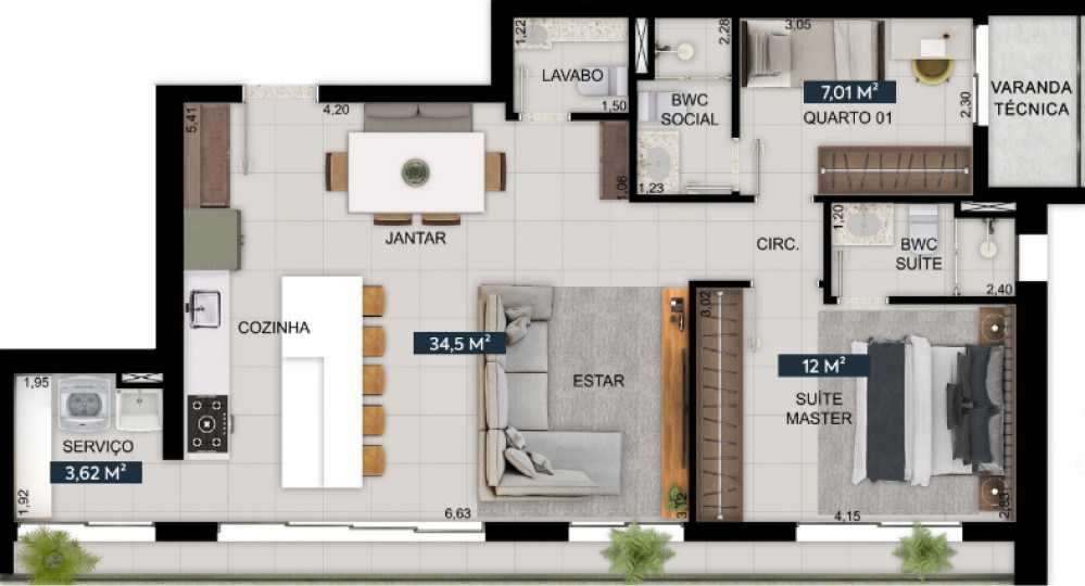 Planta de 2 suítes, 87 m²