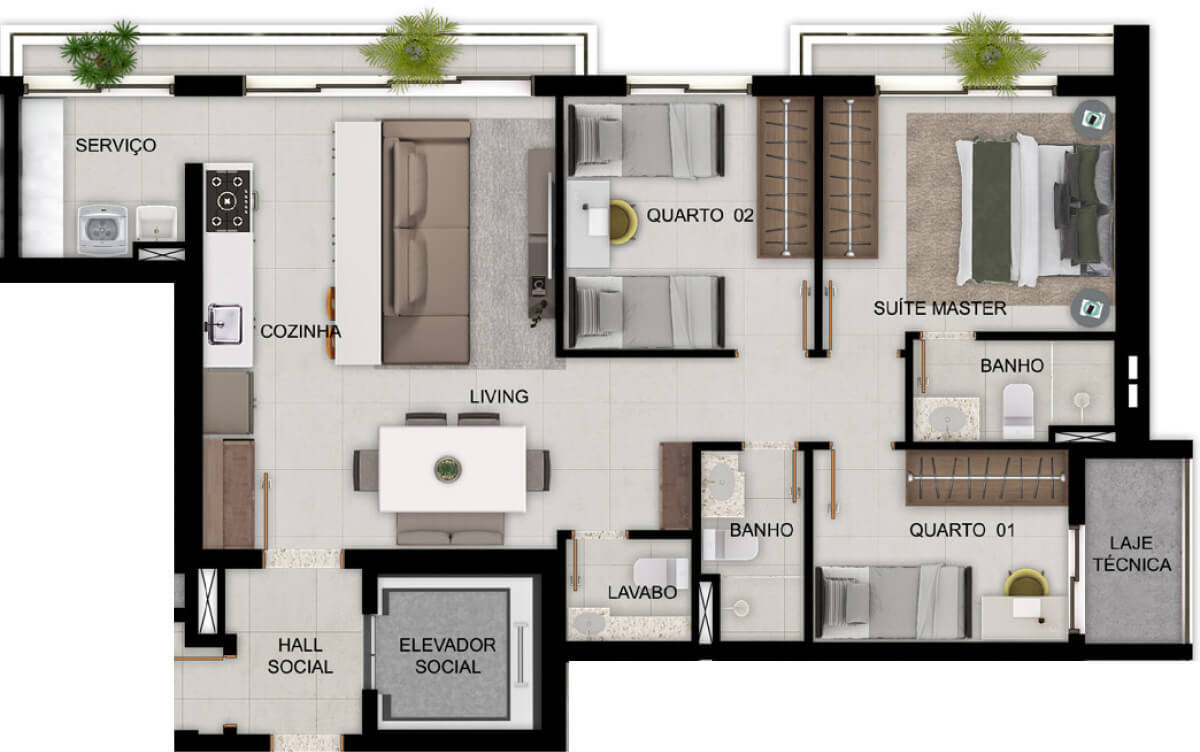 Planta de 2 suítes, 89 m²