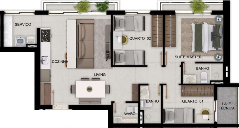 Planta de 3 quartos, 87 m²
