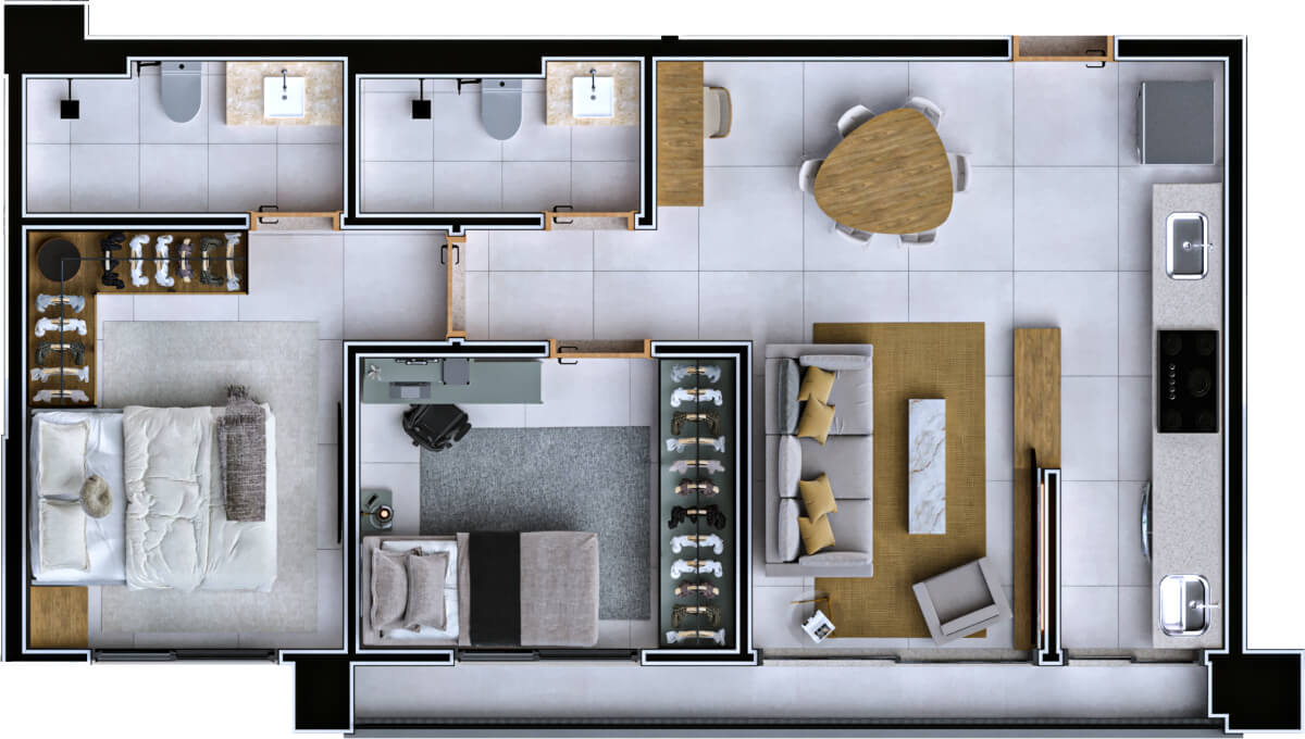 Planta de 2 quartos, 61 m²