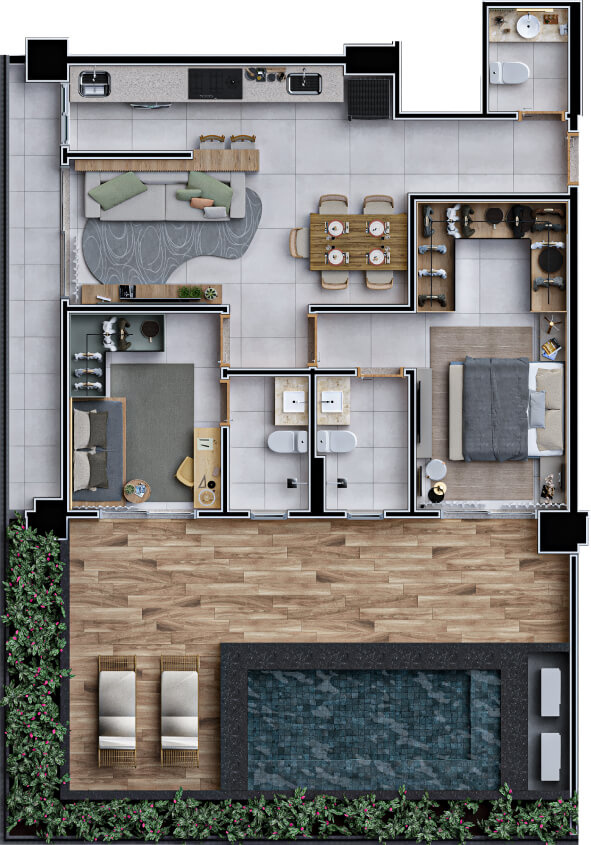 Planta de 2 suítes, 121 m²
