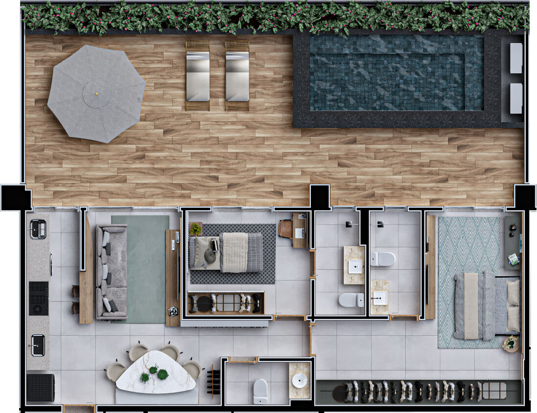 Planta de 2 suítes, 141 m²