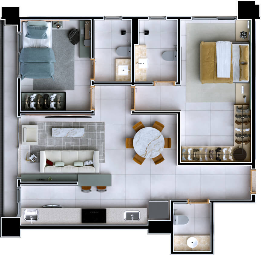 Planta de 2 suítes, 69 m²