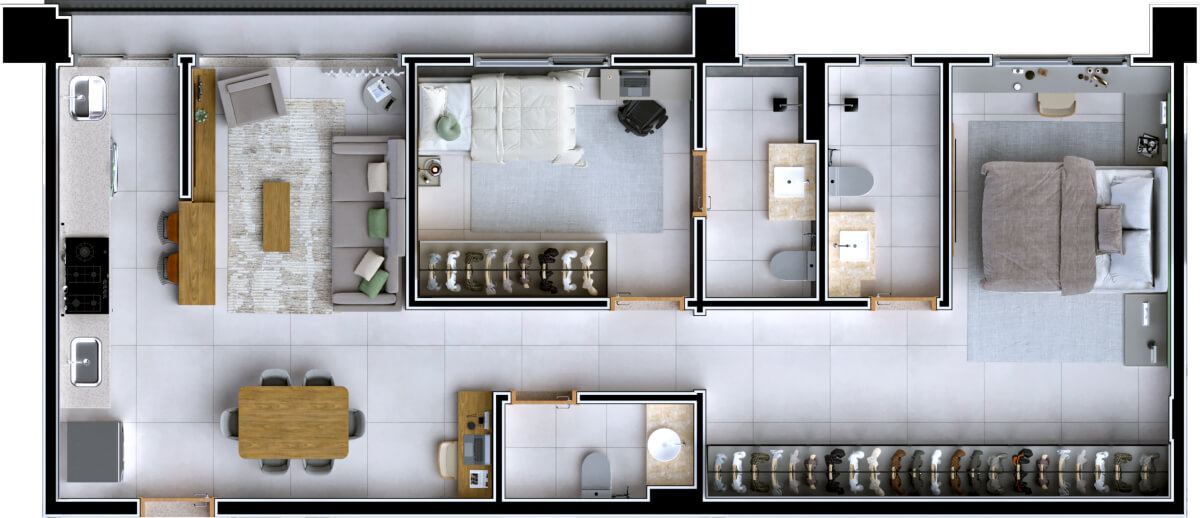 Planta de 2 suítes, 76 m²