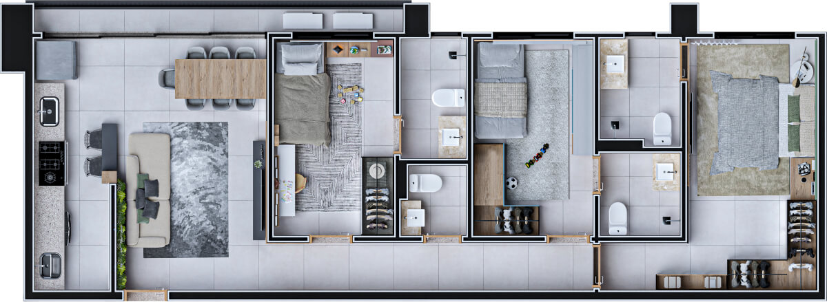 Planta de 3 suítes, 91 m²