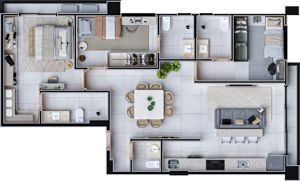 Planta de 3 suítes, 98 m²