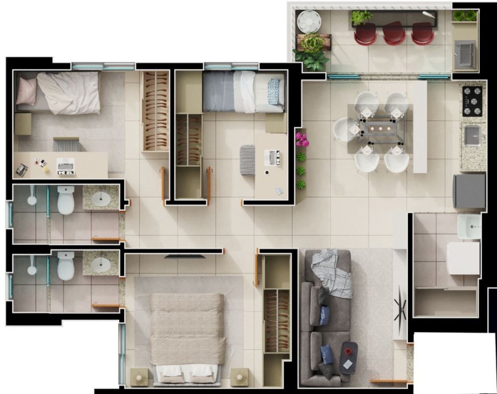 Planta de 3 quartos, 78 m²