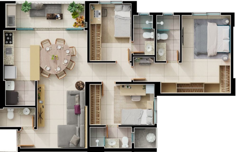 Planta de 3 suítes, 100 m²