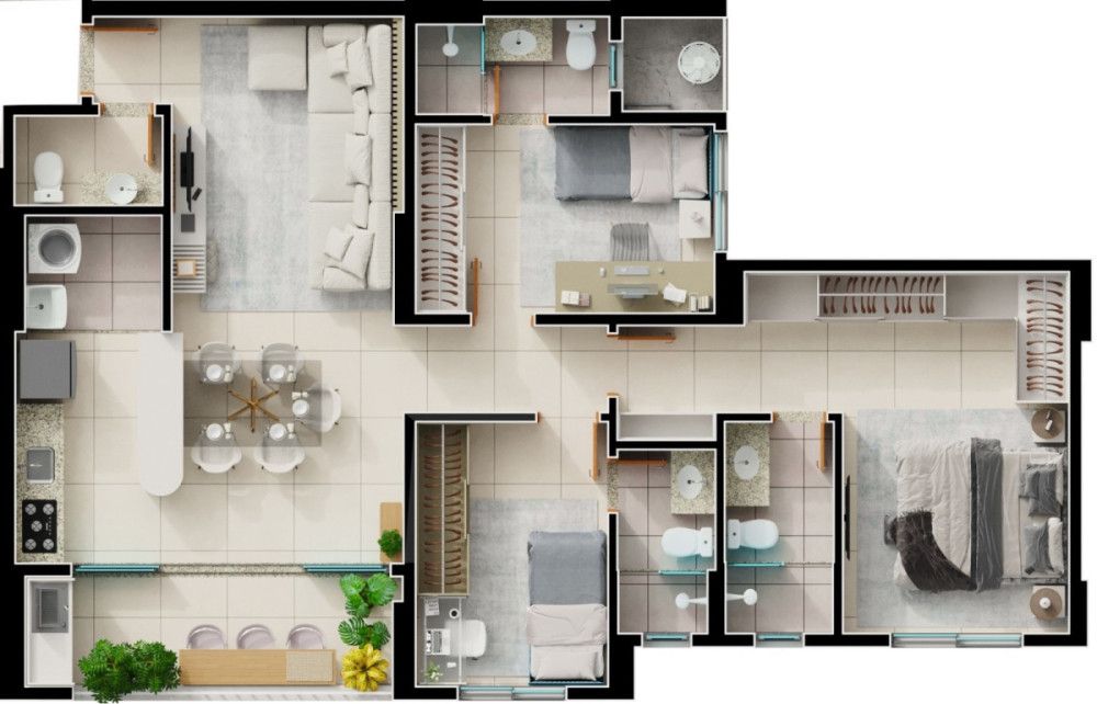 Planta de 3 suítes, 99 m²