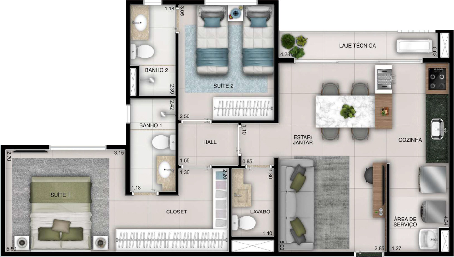 Planta de 2 suítes, 65 m²