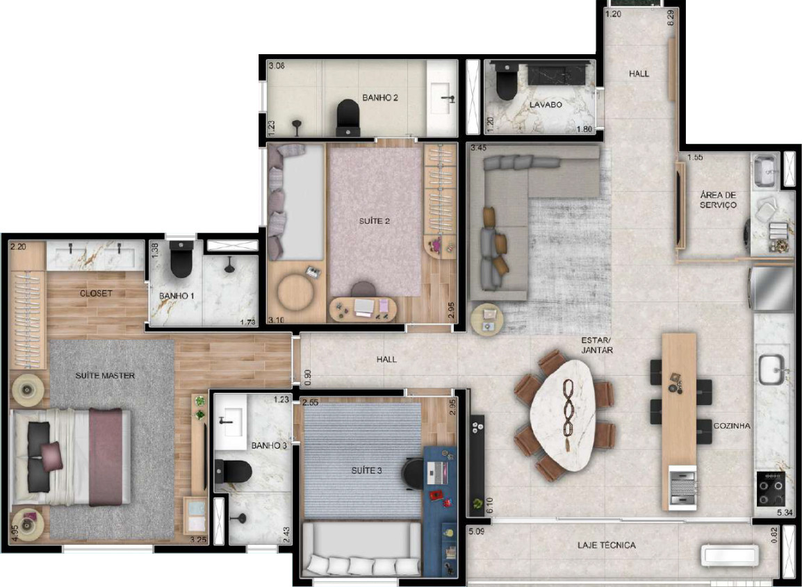 Planta de 3 suítes, 97 m²