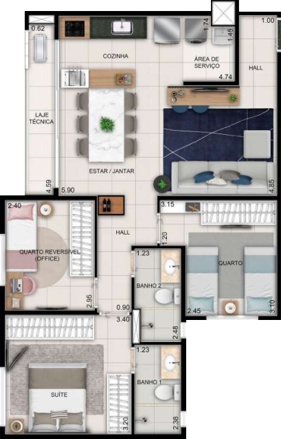 Planta de 3 quartos, 80 m²
