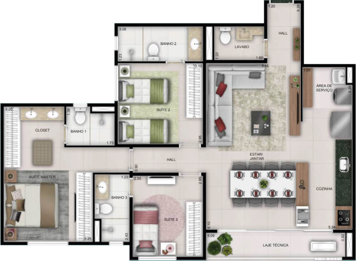 Planta de 3 suítes, 100 m²